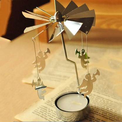 Silver Christmas Rotating Tea Light Candle Holder Carousel – Spinning Holiday Centerpiece Decor