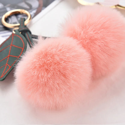 Fashion Cute Fluffy Rabbit Fur Ball Keychain – Pompom Leaf Cherry Pendant for Handbag & Car Keys