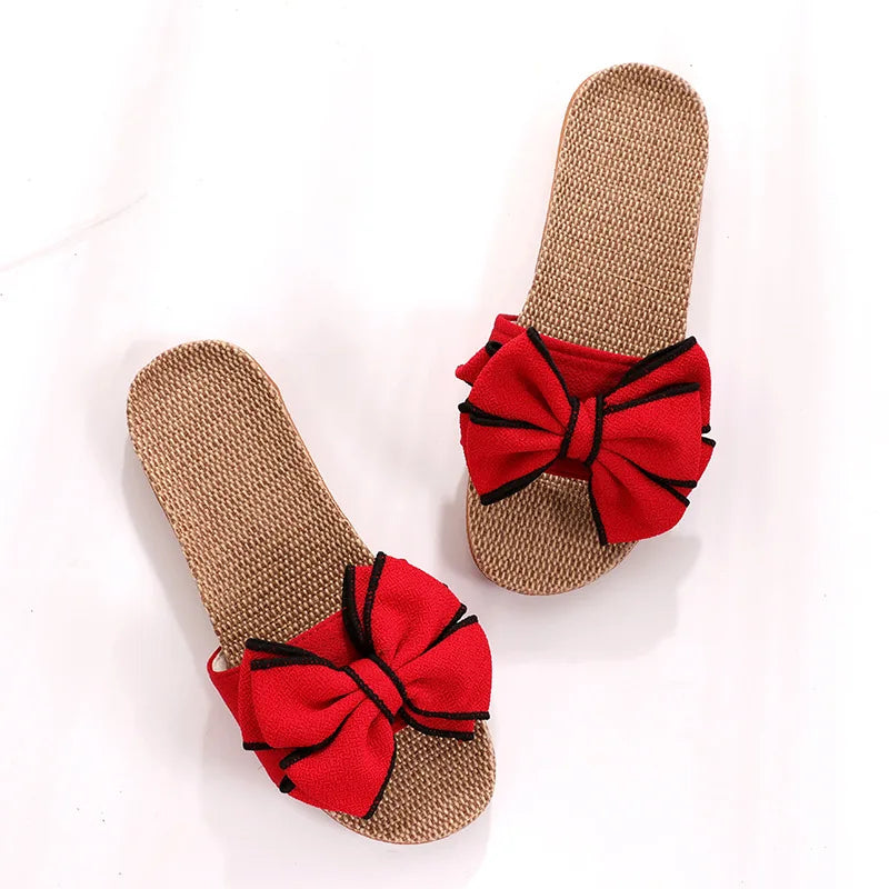 Mntrerm 2024 Women's Casual Linen Slippers – Soft Indoor Flats with Bow-Knot, Cute Summer Home Sneakers