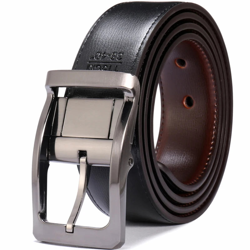 Men’s Genuine Leather Reversible Belt – 2-in-1 Rotated Buckle for Big & Tall Sizes