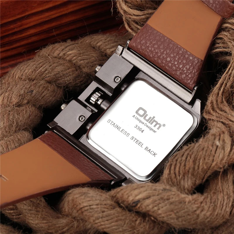 Oulm 3364 Men’s Square Watch — Large Dial Casual Leather Strap Quartz Sport Wristwatch