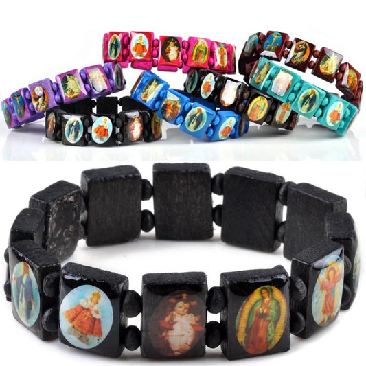 Saints Jesus Wooden Catholic Bracelet – Unisex Religious Prayer Charm Jewelry, Fashion Wood Bead Wristband (7 Colors)