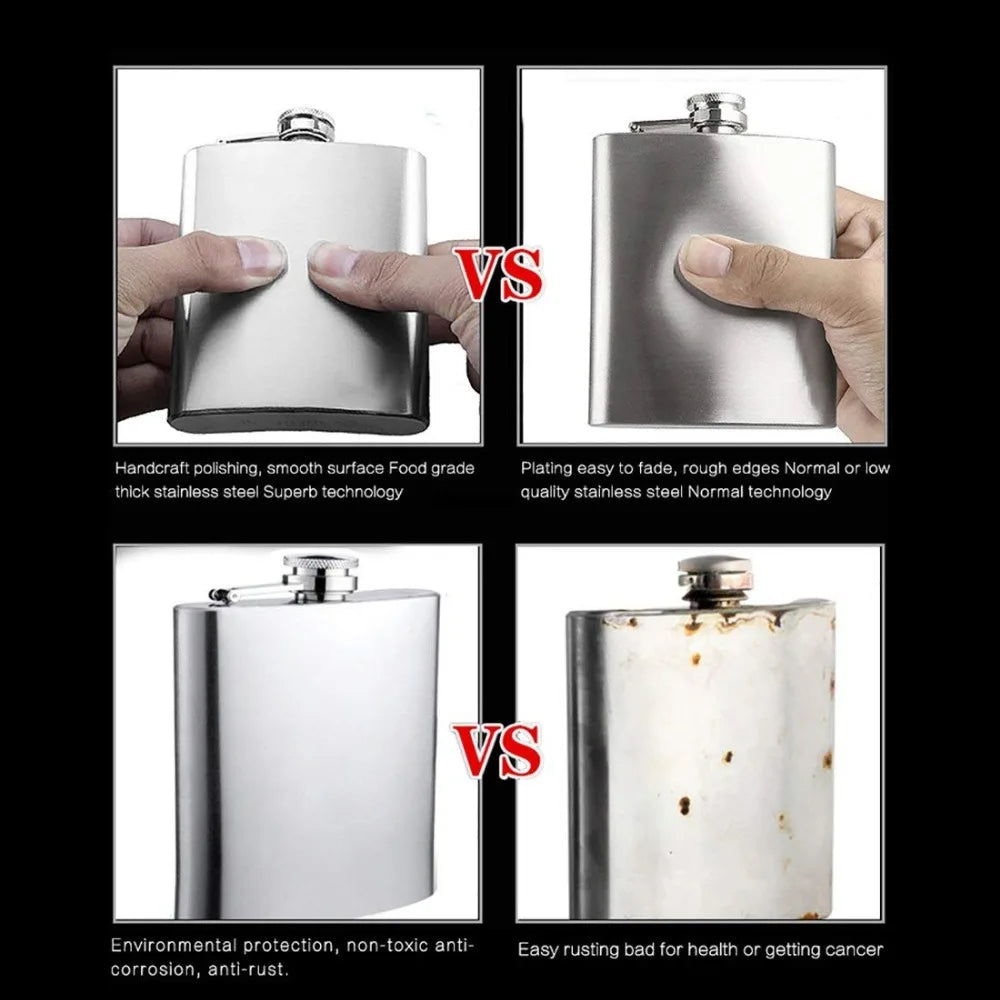 LMETJMA Stainless Steel Hip Flask with Funnel – 1-10oz Pocket Flask for Alcohol, Whiskey, Screw Cap (KC0139)