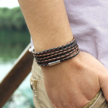 XQNI Black Retro Leather Bracelet for Men - 5 Lap Chain Link Bangle, Fashion Sporty Charm Bracelet