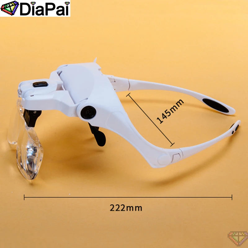 DIAPAI Adjustable 5-Lens Loupe Headband Magnifier with LED Light – Diamond Painting Embroidery Glasses