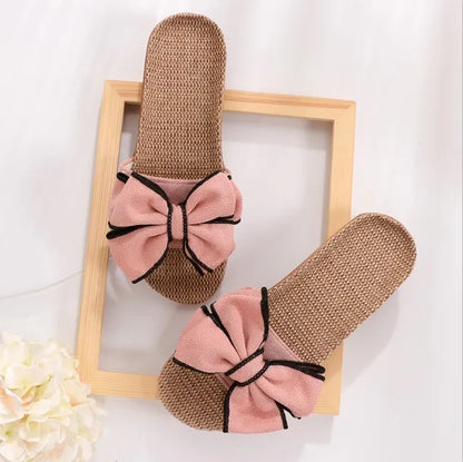 Mntrerm 2024 Women's Casual Linen Slippers – Soft Indoor Flats with Bow-Knot, Cute Summer Home Sneakers