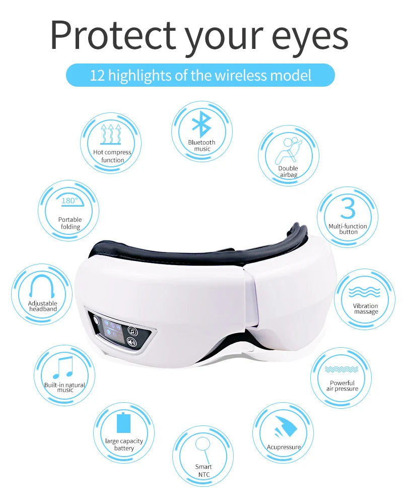 Eye Massage Instrument - Vibration, Airbag Pressure & Hot Compress Eye Massager with Bluetooth Music, Foldable for Fatigue Relief