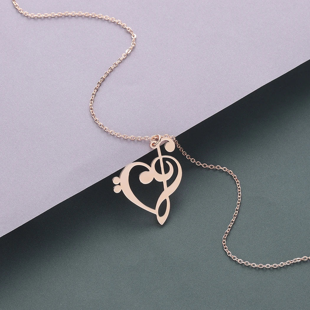 Kinitial Music Note Heart Necklace - Treble & Bass Clef Pendant Jewelry Gift for Music Lovers and Teachers