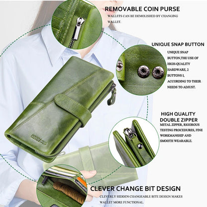 Women's Genuine Leather Long Wallet – Fashion Clutch with Coin Purse, Card Holder & Phone Pocket by Contact's