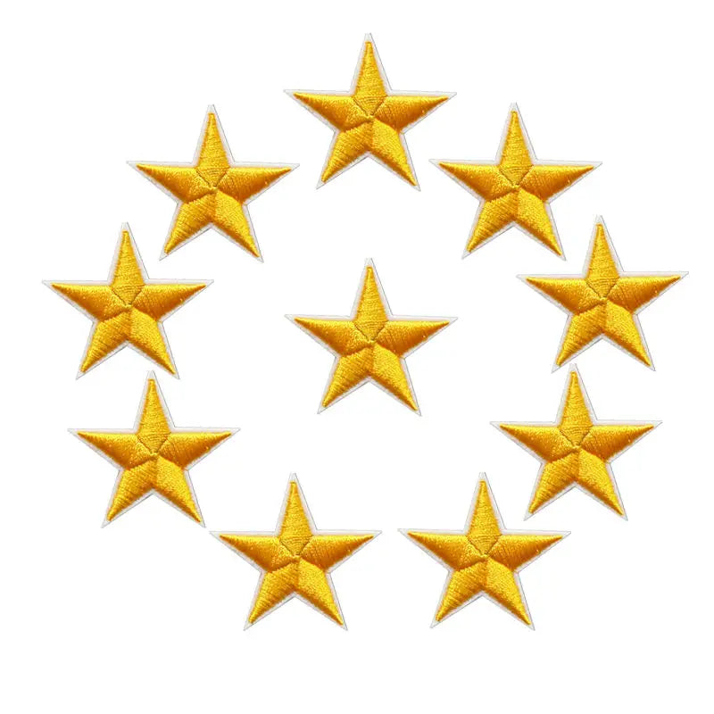 10pcs Star Embroidered Iron-On Patches – Gold Silver Red Blue Pink DIY Applique Badges for Clothes & Craft Decoration