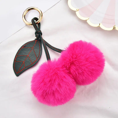 Fashion Cute Fluffy Rabbit Fur Ball Keychain – Pompom Leaf Cherry Pendant for Handbag & Car Keys