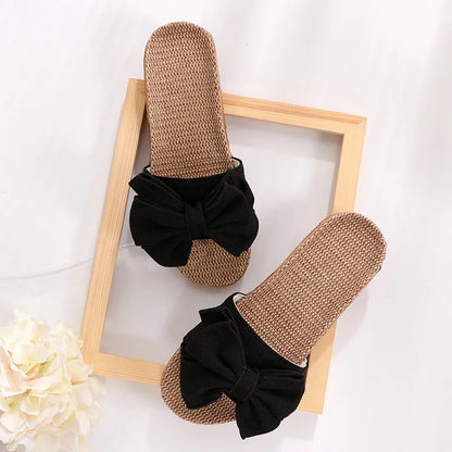 Mntrerm 2024 Women's Casual Linen Slippers – Soft Indoor Flats with Bow-Knot, Cute Summer Home Sneakers
