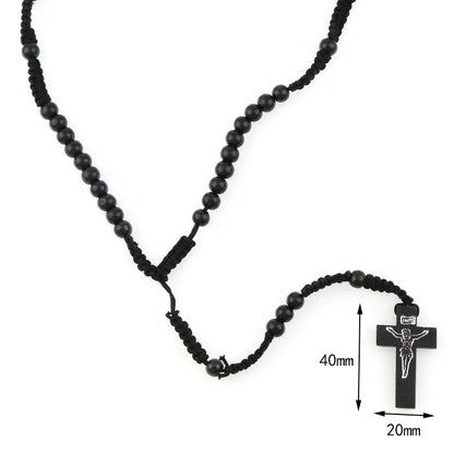 8mm Wooden Rosary Beads Necklace – Catholic Orthodox Cross Pendant, Woven Rope Prayer Chain for Men, Spiritual Gift (Black/Brown/Khaki)