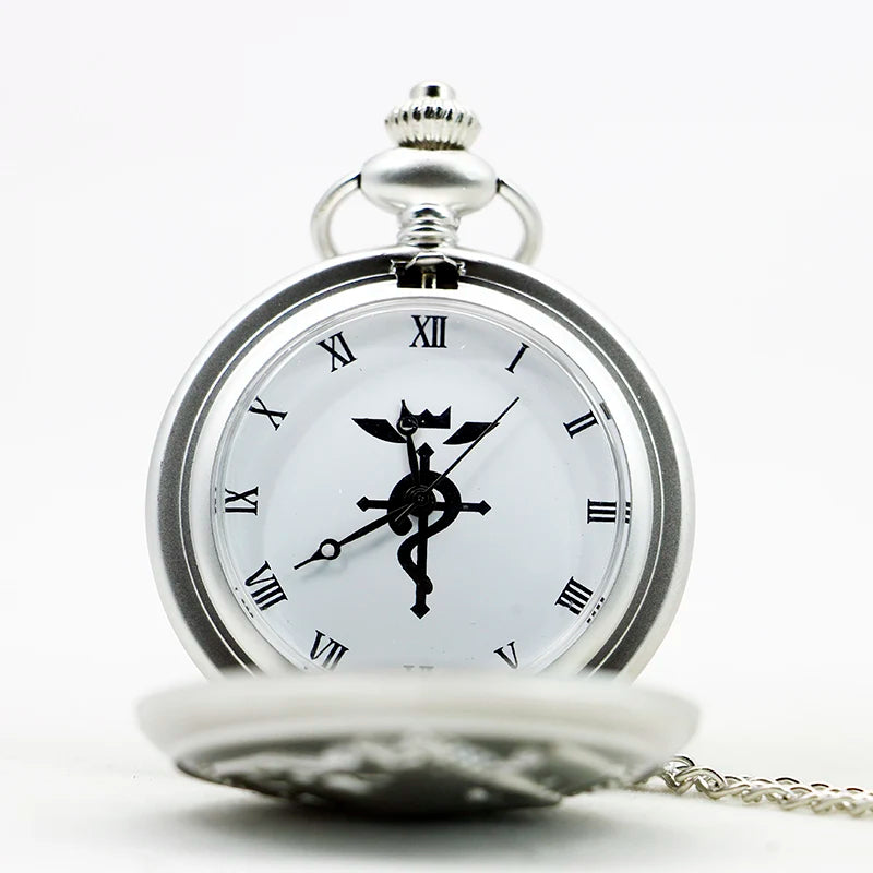 Fullmetal Alchemist Antique Silver Pocket Watch Necklace – Quartz Pendant Watch with Chain Anime Collectible Gift