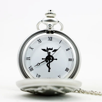 Fullmetal Alchemist Antique Silver Pocket Watch Necklace – Quartz Pendant Watch with Chain Anime Collectible Gift