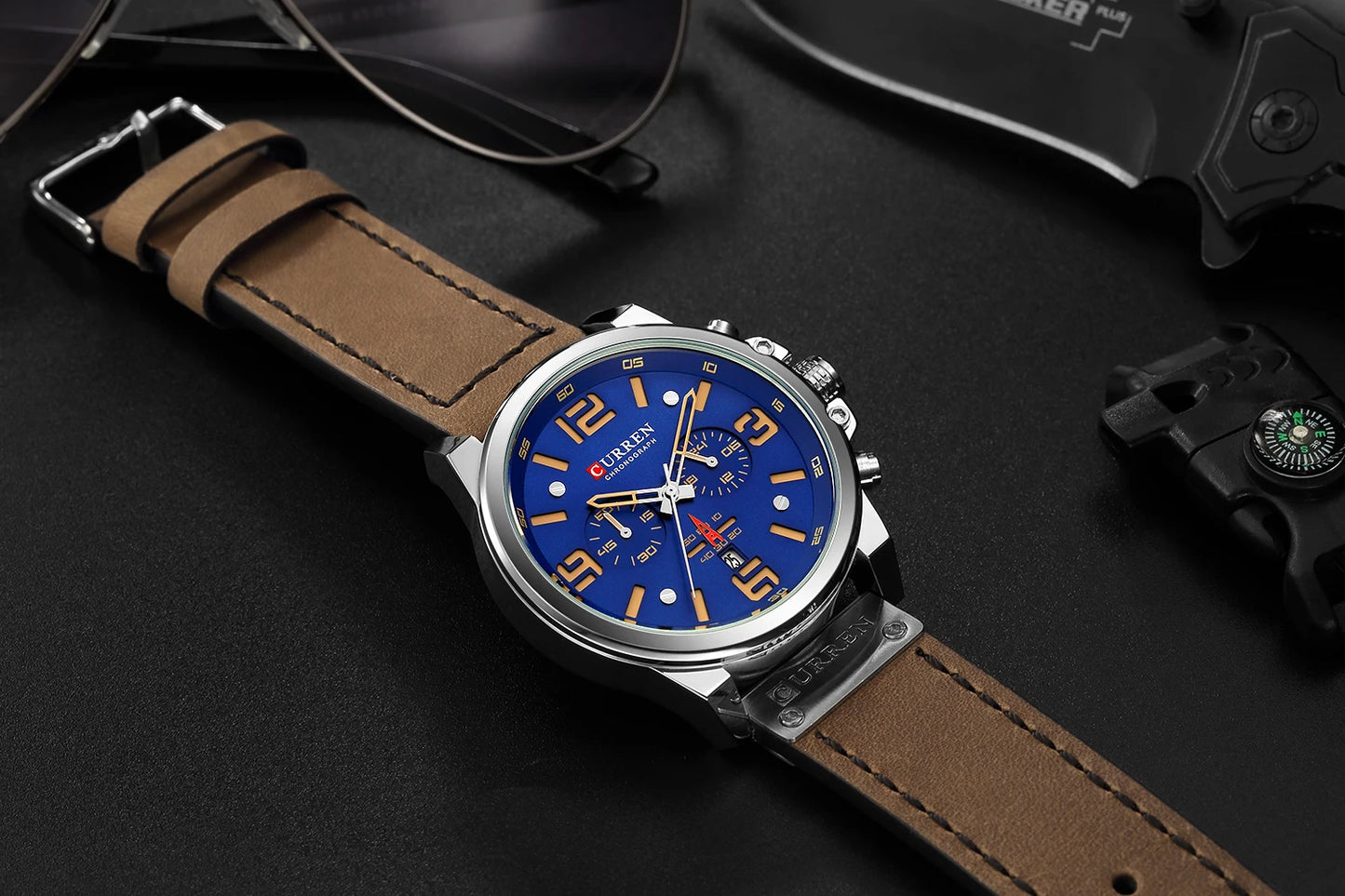 CURREN Men's Luxury Waterproof Sport Watch – Chronograph Quartz Military Wristwatch with Genuine Leather Strap