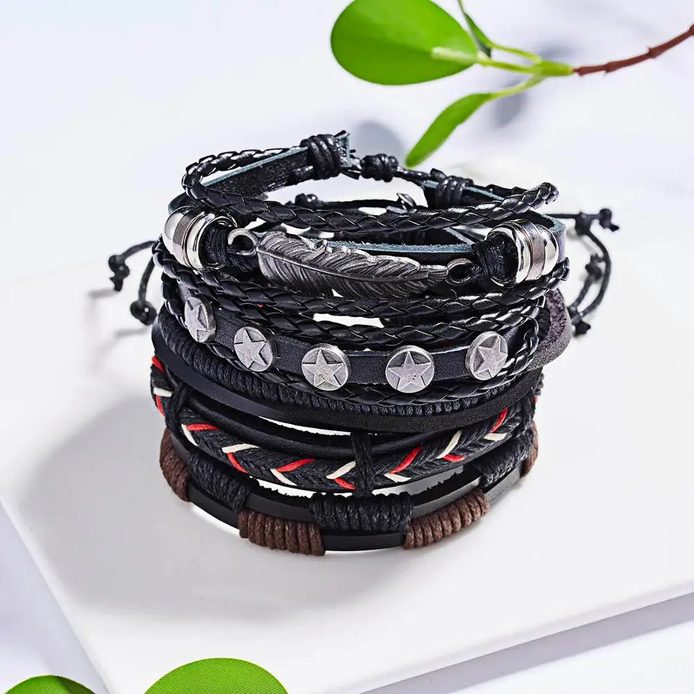 Men's Vintage Multilayer Leather Braid Bracelet - Handmade Star, Leaf & Owl Rope Wrap Bangle, Male Gift Jewelry