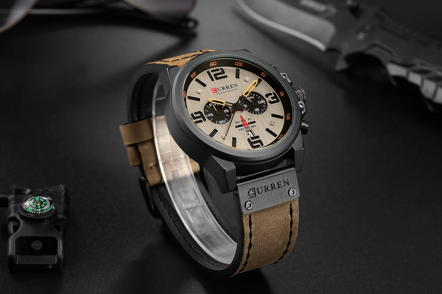 CURREN Men's Luxury Waterproof Sport Watch – Chronograph Quartz Military Wristwatch with Genuine Leather Strap