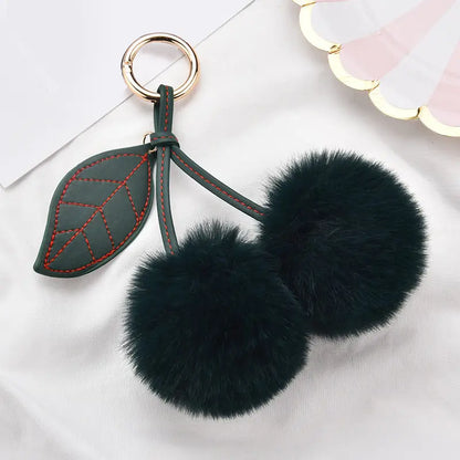 Fashion Cute Fluffy Rabbit Fur Ball Keychain – Pompom Leaf Cherry Pendant for Handbag & Car Keys