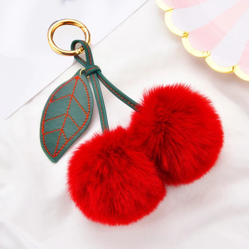 Fashion Cute Fluffy Rabbit Fur Ball Keychain – Pompom Leaf Cherry Pendant for Handbag & Car Keys