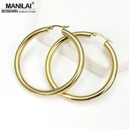 MANILAI Wide Stainless Steel Tube Hoop Earrings — 55mm Punk Statement Earrings for Women, Fashion Jewelry Brincos
