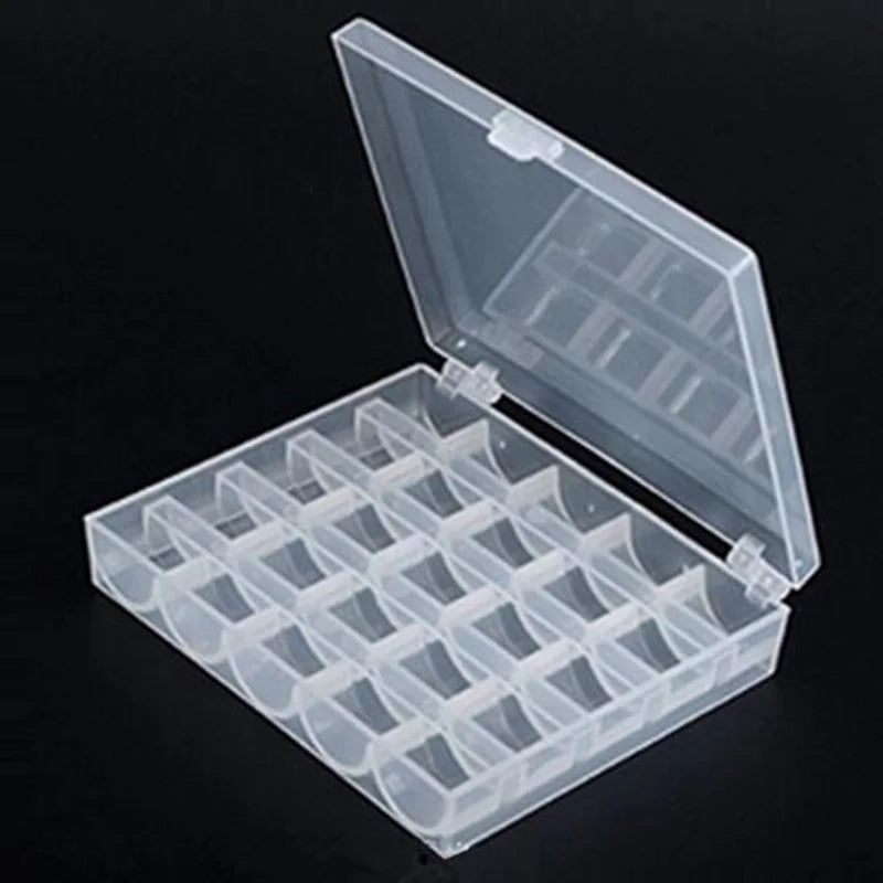 25PCS Clear Sewing Machine Bobbins – Empty Plastic Spools with Storage Box for Home Sewing Accessories