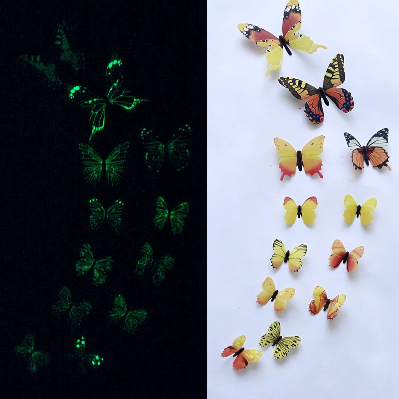 12PCS Luminous 3D Butterfly Wall Stickers — Glow-in-the-Dark Wedding Party & Home Decor, Living Room Fridge Decals