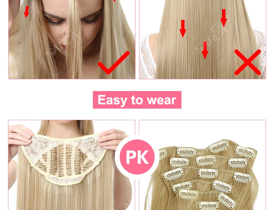 Synthetic U-Part Clip-in Hair Extensions – Long, Straight, Thick Blonde Hairpieces (16, 20, 24 Inch)