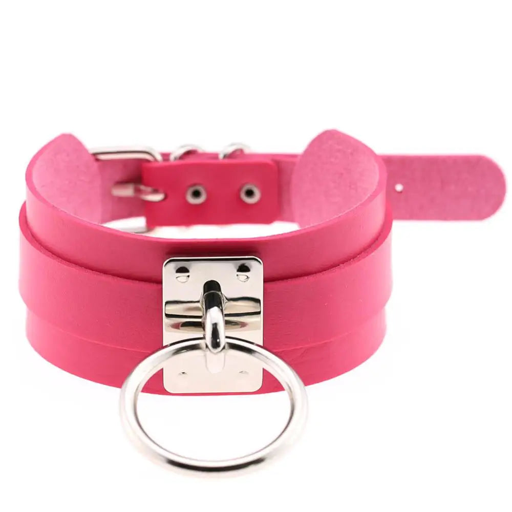 KMVEXO Harajuku Punk Leather Choker Necklace - Handmade Gothic Collar with Silver-Tone Metal O-Ring for Parties