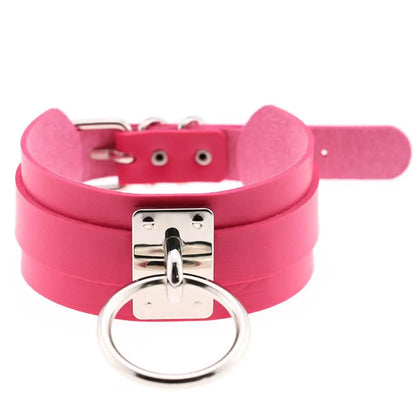 KMVEXO Harajuku Punk Leather Choker Necklace - Handmade Gothic Collar with Silver-Tone Metal O-Ring for Parties