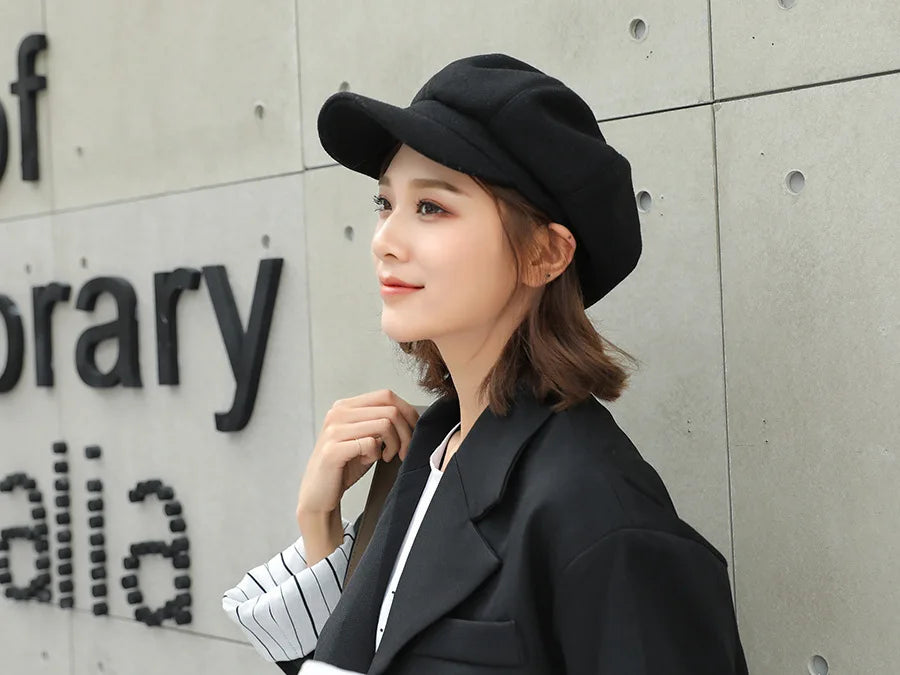 Autumn & Winter Wool Hats for Women – Solid Plain Octagonal Newsboy Cap & Casual Beret for Men & Ladies
