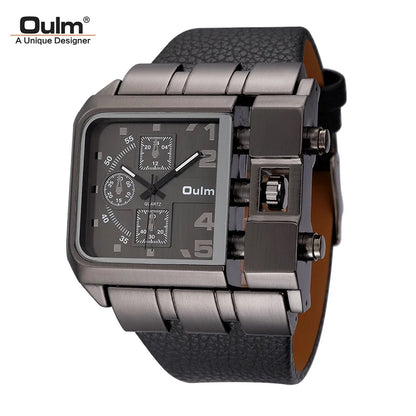 Oulm 3364 Men’s Square Watch — Large Dial Casual Leather Strap Quartz Sport Wristwatch