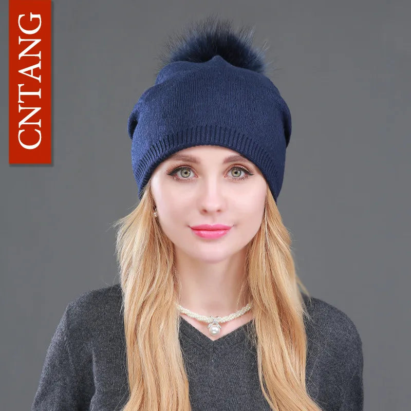 Autumn Winter Knitted Wool Hat for Women – Fashion Pompon Beanie with Genuine Raccoon Fur, Warm and Stylish Cap