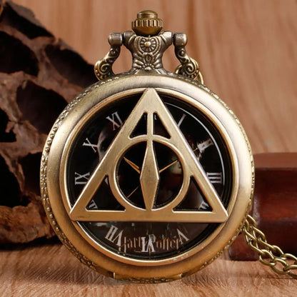 Retro Bronze Deathly Hallows Pocket Watch Necklace - Analog Quartz Wizard-Inspired Collectible for Men, Women, and Kids