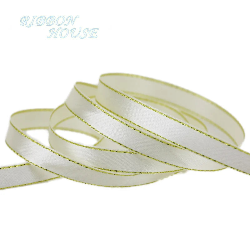 25 Yards 10mm Satin Ribbon with White & Gold Edge - High-Quality Gift Packaging Ribbon