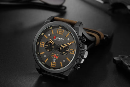 CURREN Men's Luxury Waterproof Sport Watch – Chronograph Quartz Military Wristwatch with Genuine Leather Strap