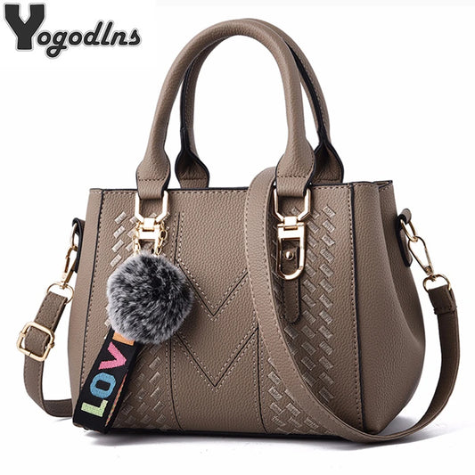 Women’s Embroidered Leather Messenger Bag - Stylish Handbag with Hair Ball Detail
