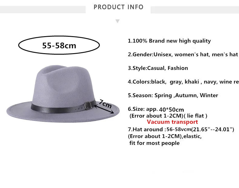 2022 Fashion Fedora Hat for Men & Women - Black Wool Blend Jazz Cap, Outdoor Casual Hat in X & XL Sizes