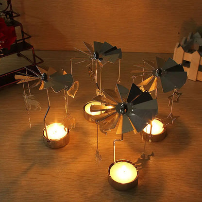 Silver Christmas Rotating Tea Light Candle Holder Carousel – Spinning Holiday Centerpiece Decor