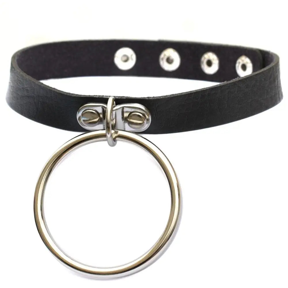 KMVEXO Harajuku Punk Leather Choker Necklace - Handmade Gothic Collar with Silver-Tone Metal O-Ring for Parties