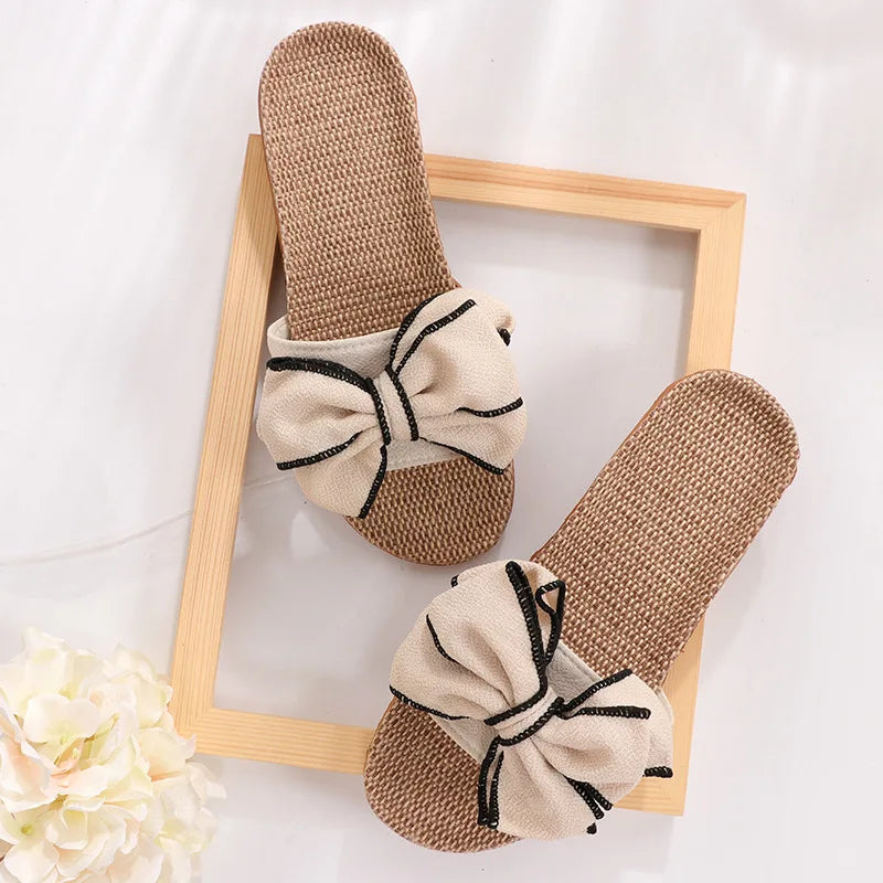 Mntrerm 2024 Women's Casual Linen Slippers – Soft Indoor Flats with Bow-Knot, Cute Summer Home Sneakers