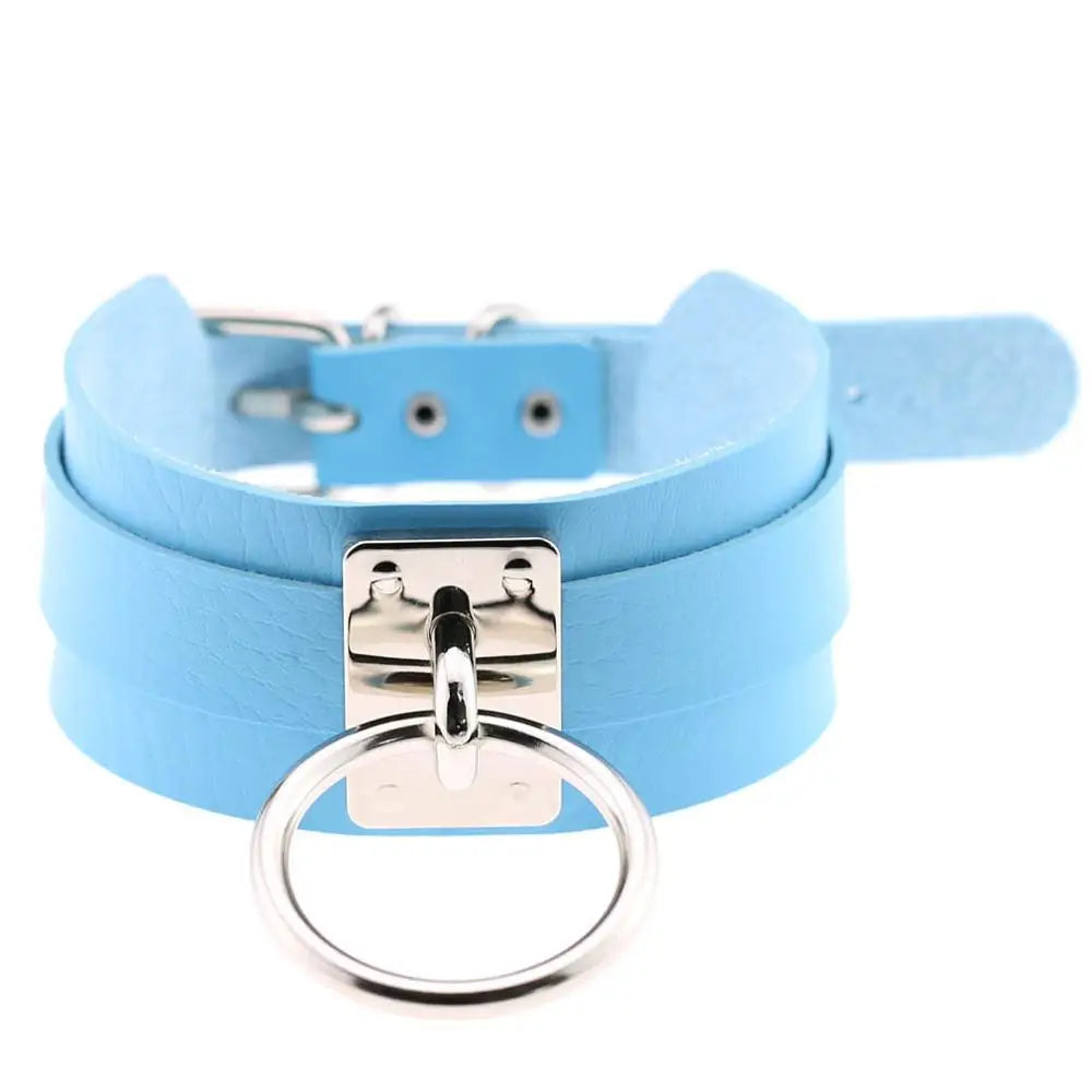 KMVEXO Harajuku Punk Leather Choker Necklace - Handmade Gothic Collar with Silver-Tone Metal O-Ring for Parties
