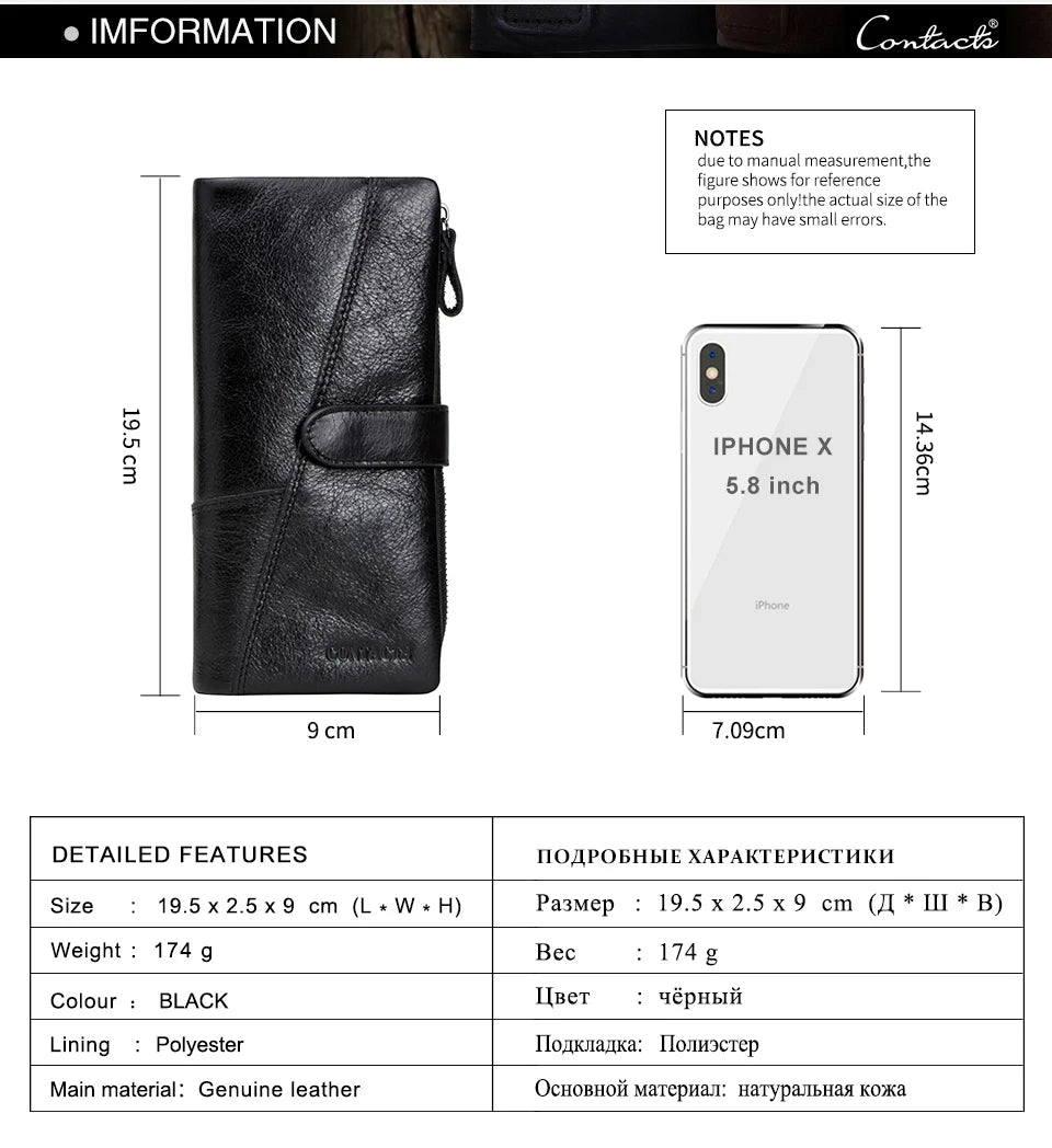 CONTACT'S Genuine Leather Men’s Long Wallet – Phone Bag with Zipper Coin Pocket, Clutch Purse & Small Wallet