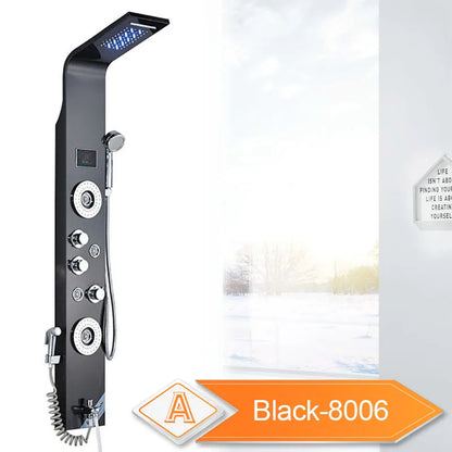 LED Waterfall Shower Panel System - Black In-Wall Rain Shower with Spa Massage Sprayer & Bidet Tap