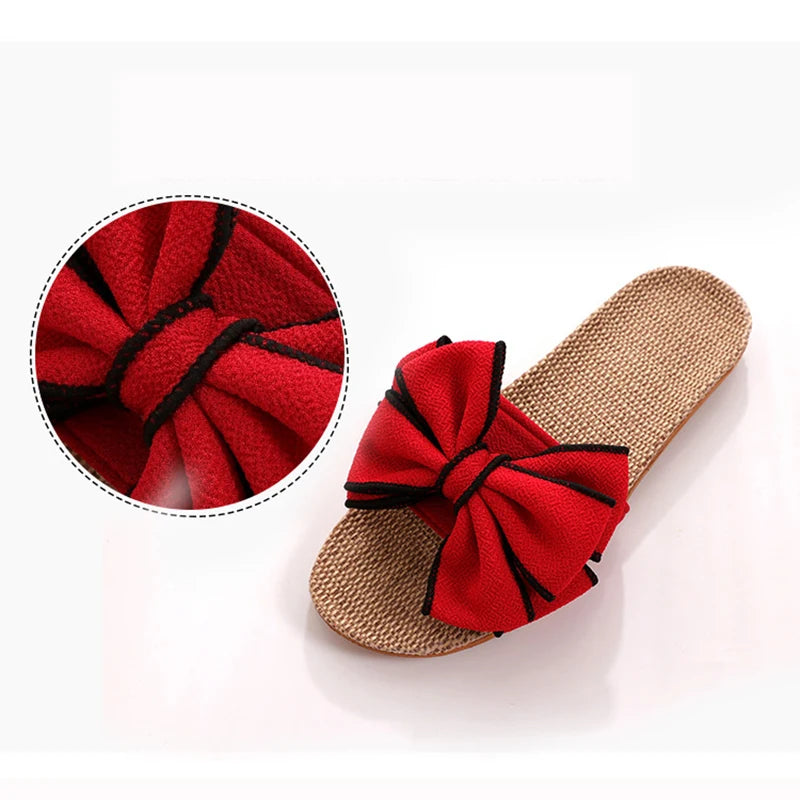 Mntrerm 2024 Women's Casual Linen Slippers – Soft Indoor Flats with Bow-Knot, Cute Summer Home Sneakers
