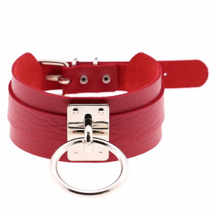 KMVEXO Harajuku Punk Leather Choker Necklace - Handmade Gothic Collar with Silver-Tone Metal O-Ring for Parties