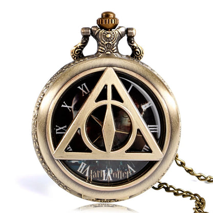Retro Bronze Deathly Hallows Pocket Watch Necklace - Analog Quartz Wizard-Inspired Collectible for Men, Women, and Kids