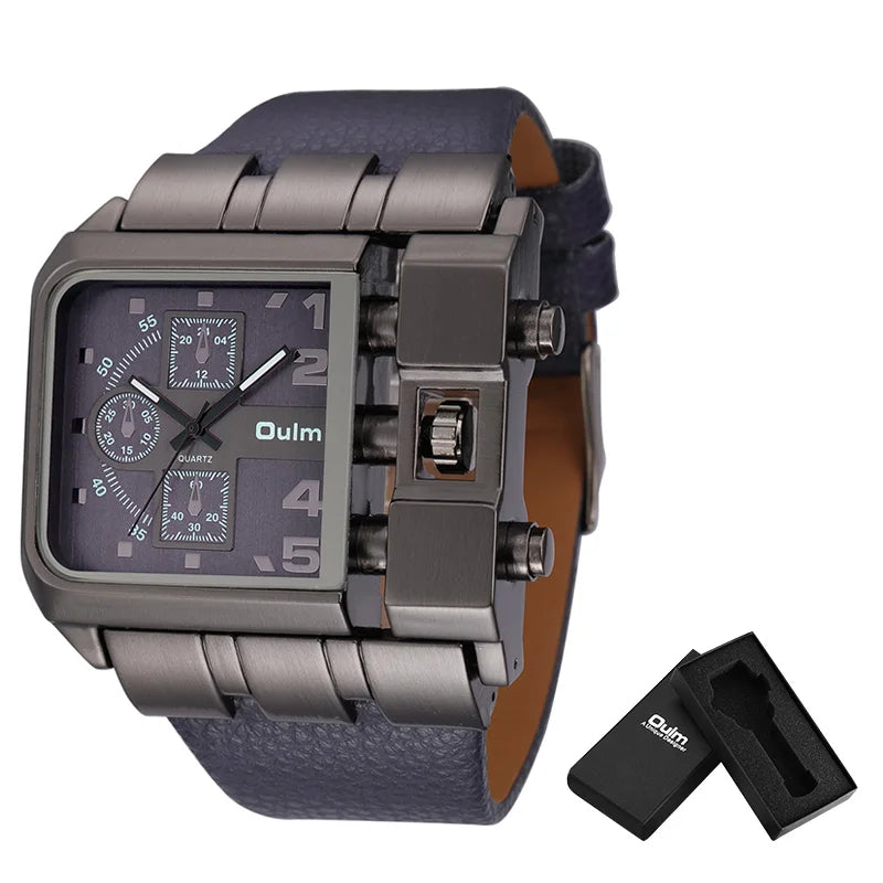 Oulm 3364 Men’s Square Watch — Large Dial Casual Leather Strap Quartz Sport Wristwatch