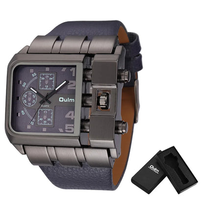 Oulm 3364 Men’s Square Watch — Large Dial Casual Leather Strap Quartz Sport Wristwatch