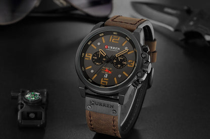CURREN Men's Luxury Waterproof Sport Watch – Chronograph Quartz Military Wristwatch with Genuine Leather Strap